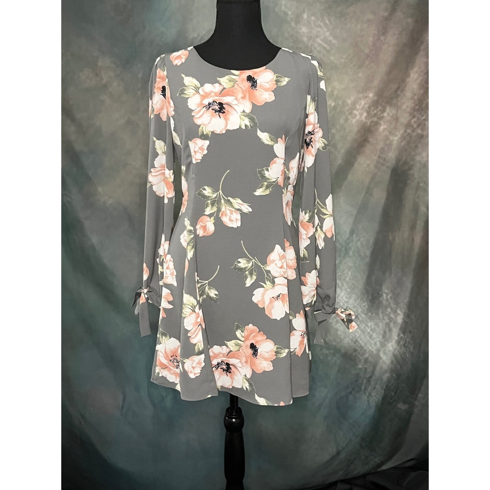 Everly Floral Dress Gray Pink Tie Sleeve Long Sleeve Womens‎ Size Medium